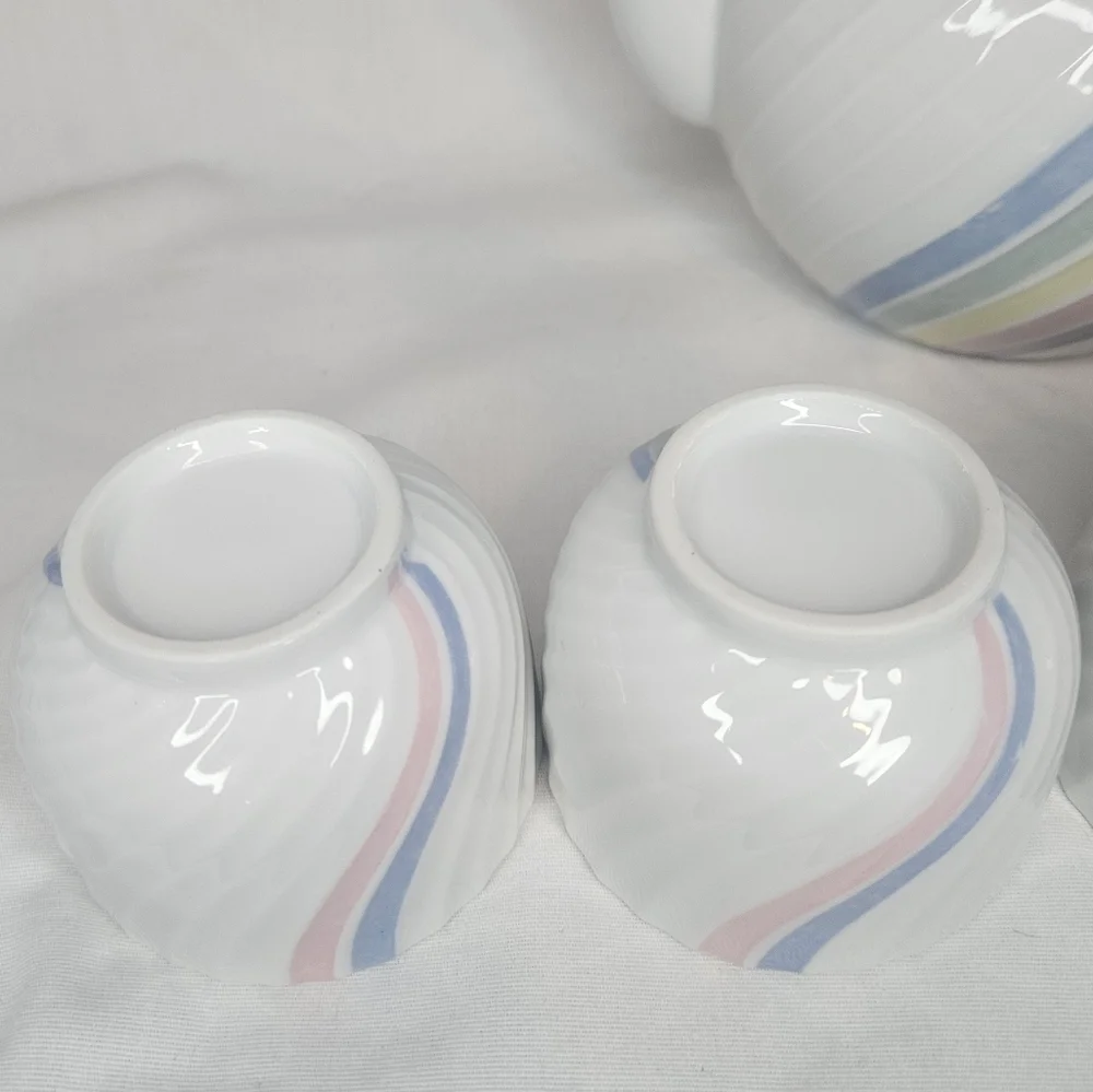 Vintage Pastel Rainbow Porcelain Tea Set - 4 Cups 1 Teapot 70s-80s Made In Japan